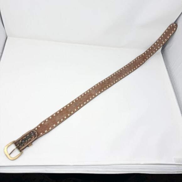 Tory Full Grain Cowhide Brown Leather Tooled Acorn Oak Leaf Laced Belt Size 30 - Picture 10 of 12